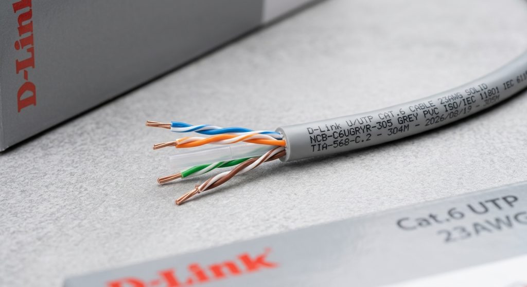 D-Link NCB-C6UGRYR-305 Cat6 23AWG UTP cable with 305m length, solid bare copper and 250MHz performance for reliable LAN cabling in Qatar.
